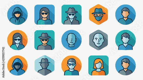 Sleek Set of 15 Colorful Flat Design Icons Showing Diverse Hooded Masked and Sunglasses Wearing Characters in Various Shapes