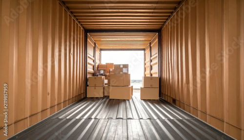 View Inside an Open Shipping Container Packed with Cardboard Boxes Ready for Global Transport and Logistics