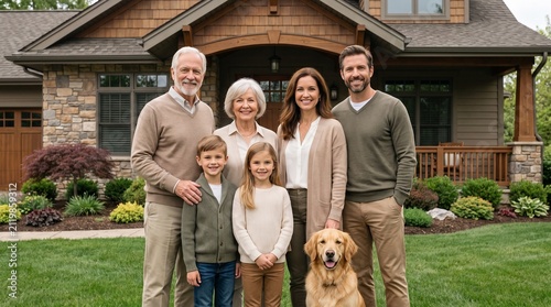 Happy caucasian multigenerational family with golden retriever dog smiling outside their beautiful house