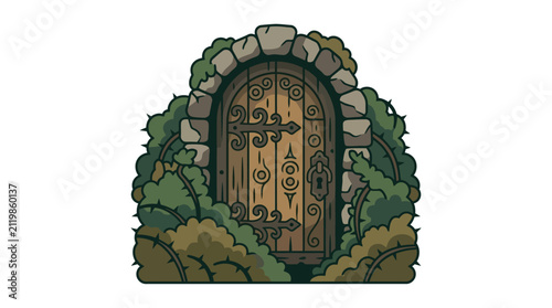 Mysterious wooden door surrounded by stone arch and bushes
