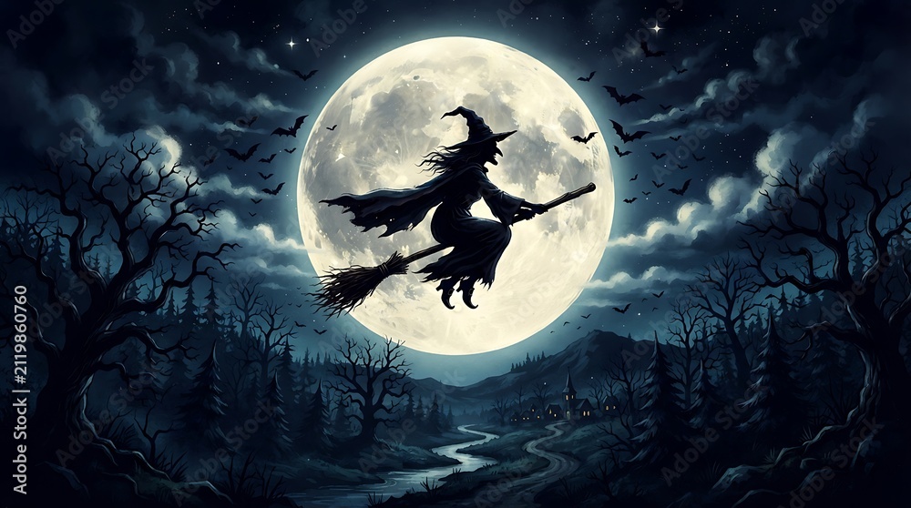 Fototapeta premium Spooky silhouette of a witch flying on her broomstick across a full moonlit sky, with bare trees and a river below, evoking a classic Halloween atmosphere