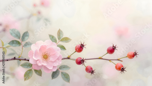 A delicate pastel rose hip branch with one remaining bloom and several ripening fruits against a subtle background.