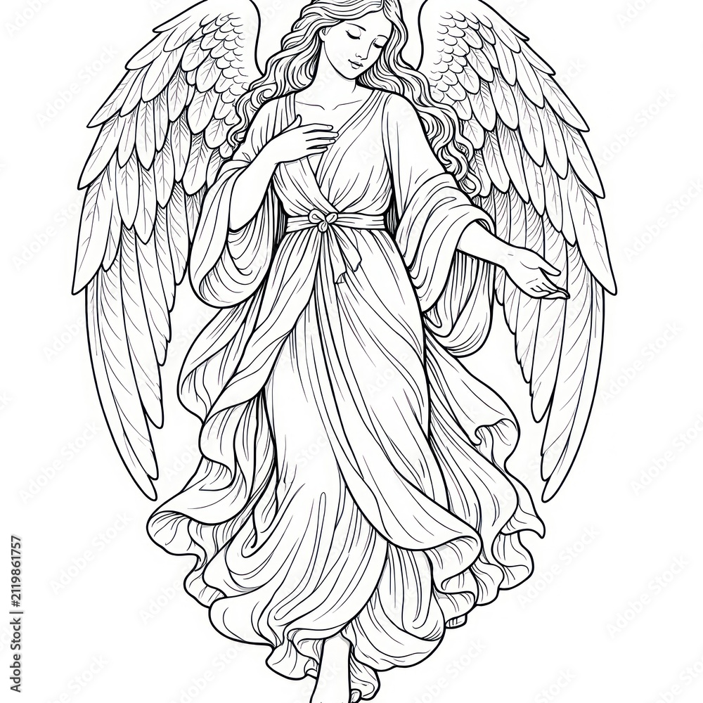 Fototapeta premium Line art of an angel with flowing robes and detailed wings.