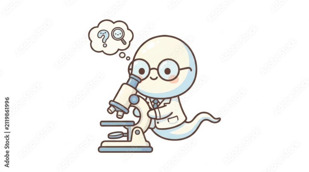Fototapeta premium A cartoon sperm cell character with glasses looks through a microscope while thinking about questions related to fertility in a fun setting.