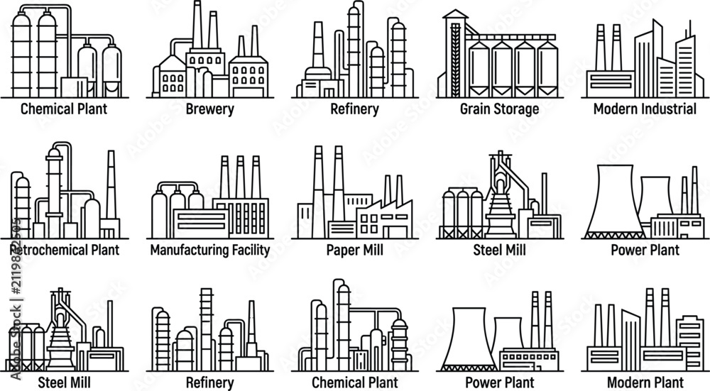 Fototapeta premium Industrial enterprise line icons labeled with sector names including petrochemical plant steel mill and grain storage facilities