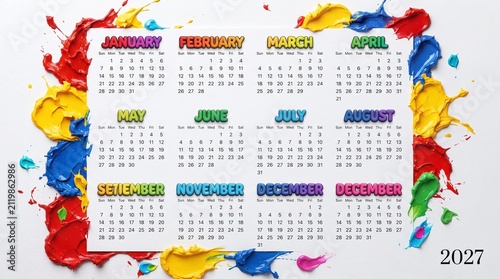 Colorful 2027 annual calendar template, vibrant artistic yearly planner with paint splashes, creative 12 month schedule for school and office