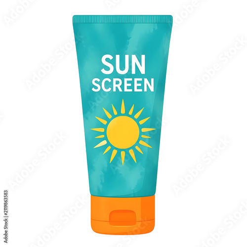 Bright blue tube of sunscreen featuring a yellow sun icon displayed against a clean white background for summer skincare marketing