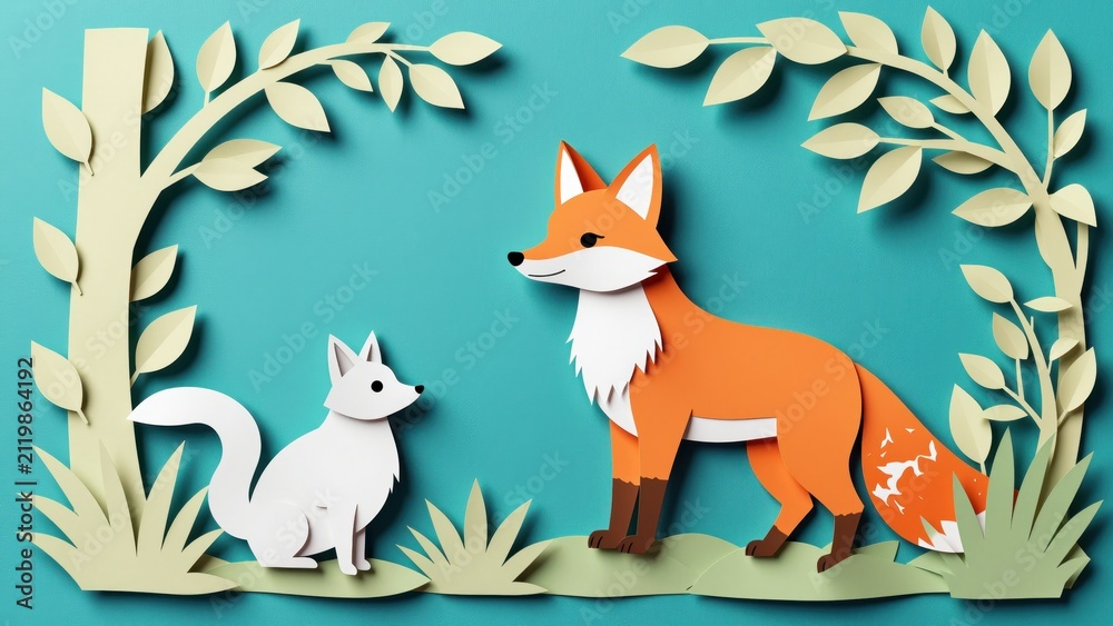 Fototapeta premium Paper Craft Forest Scene with Fox and Cat