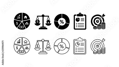 Financial Business Icon Set in Silhouette and Outline Style