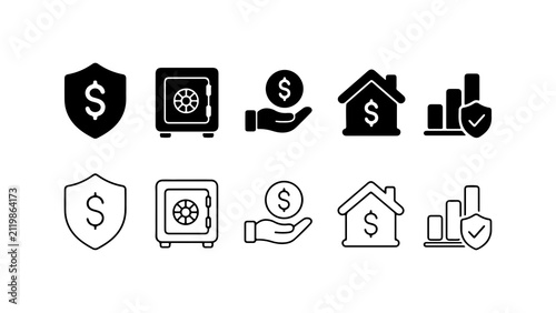 Financial Protection Icon Set in Solid Silhouette and Linear Outline Style