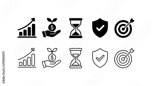 Business Icon Set in Solid Silhouette and Linear Outline Style