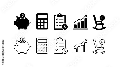Financial Planning and Investment Icon Set in Silhouette and Outline Style
