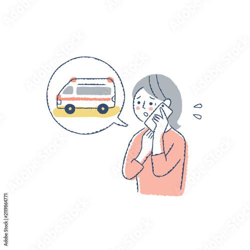 スマートフォンで救急車を呼んでいる女性