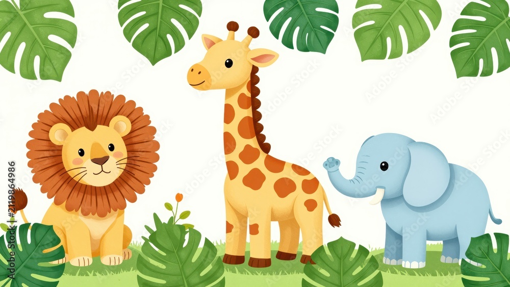 Naklejka premium Cute Jungle Animals with Green Foliage