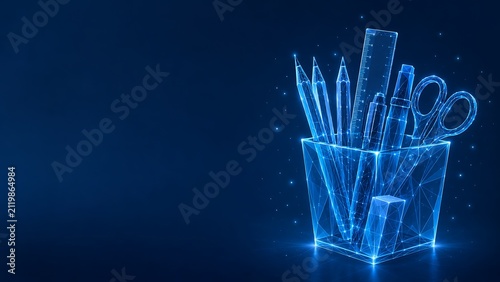 Abstract wireframe mesh pencil holder with stationary tools school supplies education of reading stationery scissors supplies wireframe. school supplies education of reading