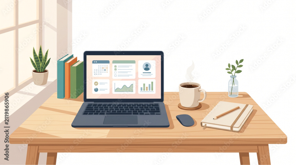Fototapeta premium Modern workspace illustration with laptop displaying financial charts, notebook and coffee mug