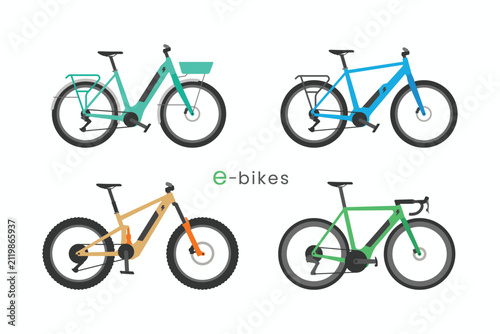 E bike icons set. Simple flat colors of electric bicycle symbol logo icon vector illustration. Modern types of e bikes collections