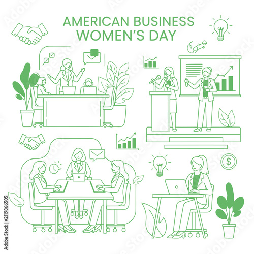 Set of Linear Illustrations Representing Professional Women Working in Corporate Environments for American Business Womens Day Celebration