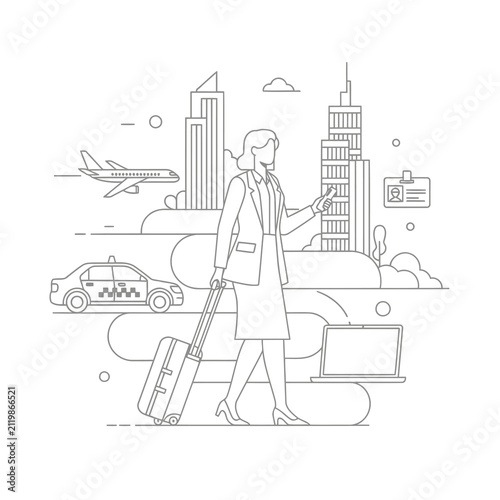 Businesswoman with luggage, laptop, and taxi, representing travel, commute, and urban professional life