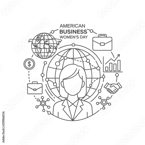 American Business Women's Day vector illustration with female professional, globe, and business symbols in line art style
