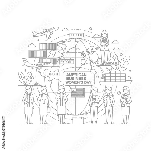 Professional women celebrating American Business Women's Day through global trade, international logistics, and leadership line art illustration