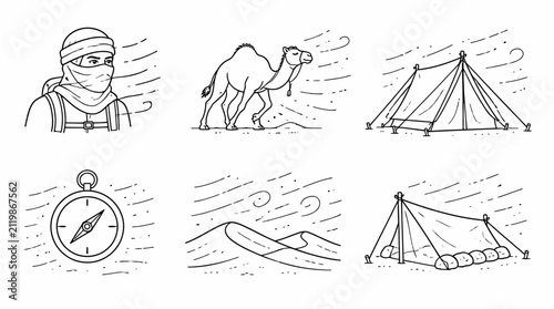 Desert Travel Icons Set with Explorer, Camel, and Dunes