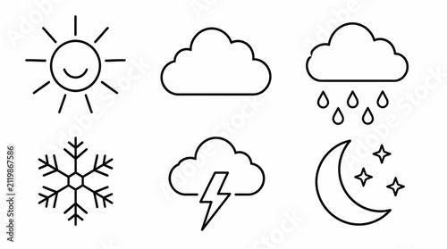Set of simple weather icon line art for meteorological forecasts