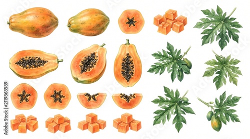 Hand Painted Watercolor Papaya Clipart Collection with Whole Halved Sliced and Cubed Tropical Fruits Isolated on White Background for Creative Botanical and Food Design Projects