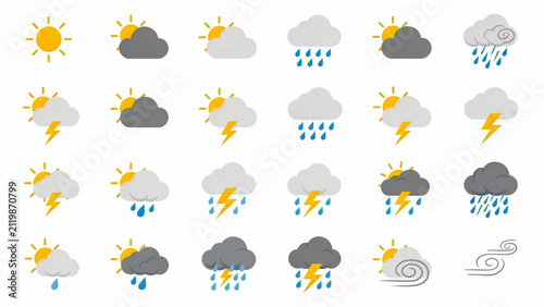 Flat vector weather icon set featuring sun, clouds, rain, and lightning. Diverse collection of meteorology symbols on white background for forecast apps. Graphic design elements for UI and climate.