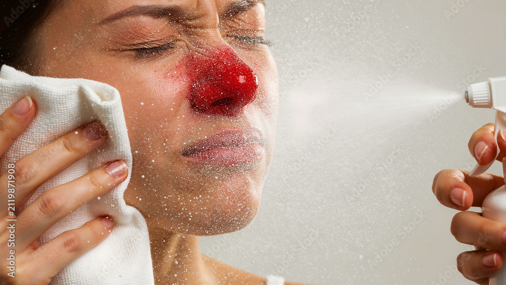 Fototapeta premium Woman with inflamed red nose gets facial spray. Patient uses towel during skincare treatment. Rosacea and allergy concept for medical marketing.