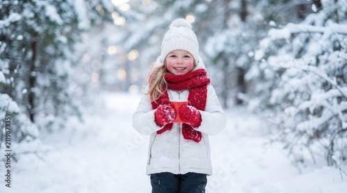 A cute little girl wearing a warm winter hat and red scarf playing in a snowy forest