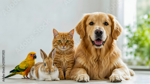 Group of pets including dog, cat, rabbit, and parrot relaxing indoors -  