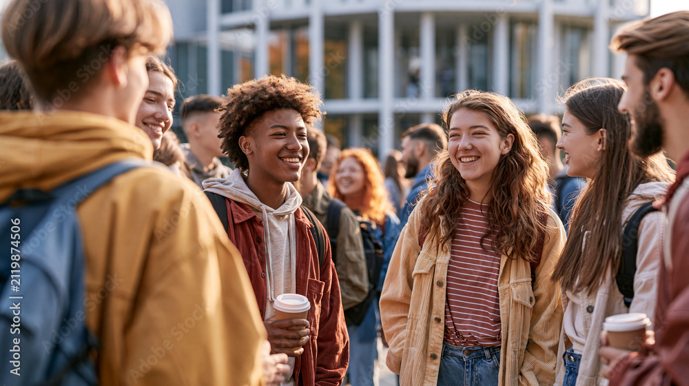 Fototapeta premium Multiethnic university students meeting outdoors. Diverse young people talking on campus.