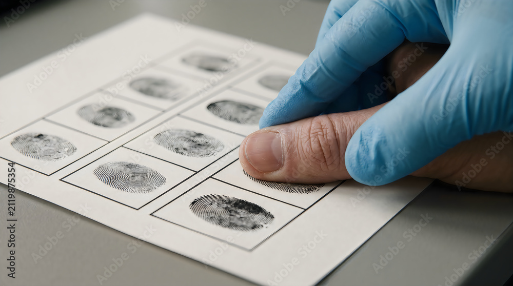 Naklejka premium Forensic officer taking fingerprints of a suspect on a card