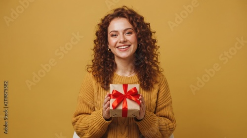 A smiling young woman with curly hair holding a gift box with a red ribbon against a yellow background