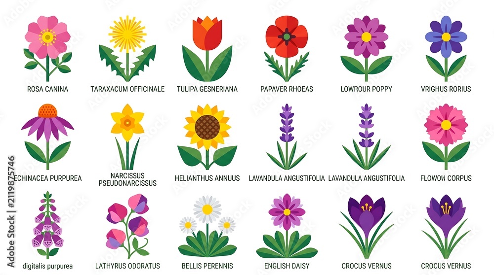 Obraz premium Vibrant collection of flat design flower icons featuring various species with scientific names ideal for spring summer and botanical projects
