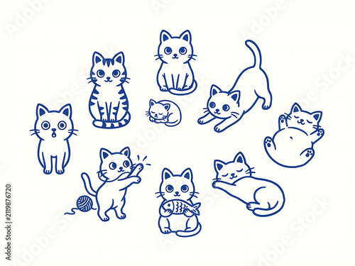 Collection of cute cat doodles in blue ink on a white background, featuring various playful, kitten poses and, activities for projects