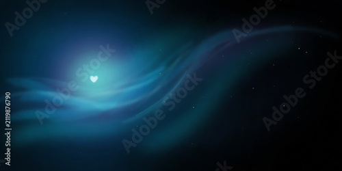 An artistic representation of a blue nebula cloud in deep space with a small, glowing white heart-shaped light source floating in the center