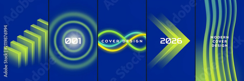Set of five vertical panels featuring blue backgrounds with glowing lime green abstract shapes, including stairs, circles, infinity, and arrows