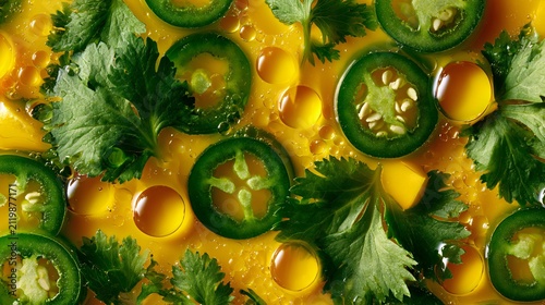 A macro flat lay of mango juice droplets glistening around jalapeño slices and cilantro leaves with rich food photography detail