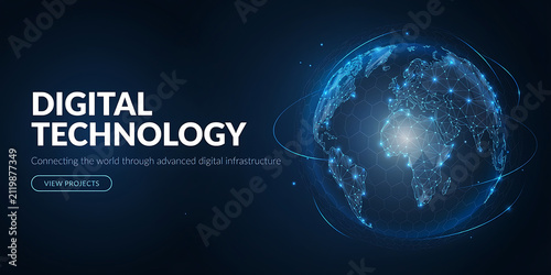 Digital technology banner with a glowing wireframe globe, interconnected nodes, and data network lines on a dark blue background, for global business