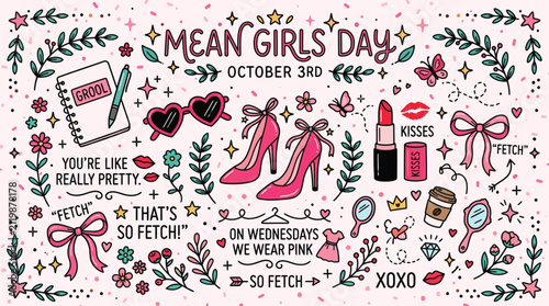 Quadro su tela A vibrant pink-themed illustration celebrating Mean Girls Day on October 3rd, featuring iconic movie quotes, fashion accessories, and decorative elements