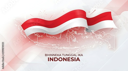 Waving Indonesian Flag with Bhinneka Tunggal Ika Text.