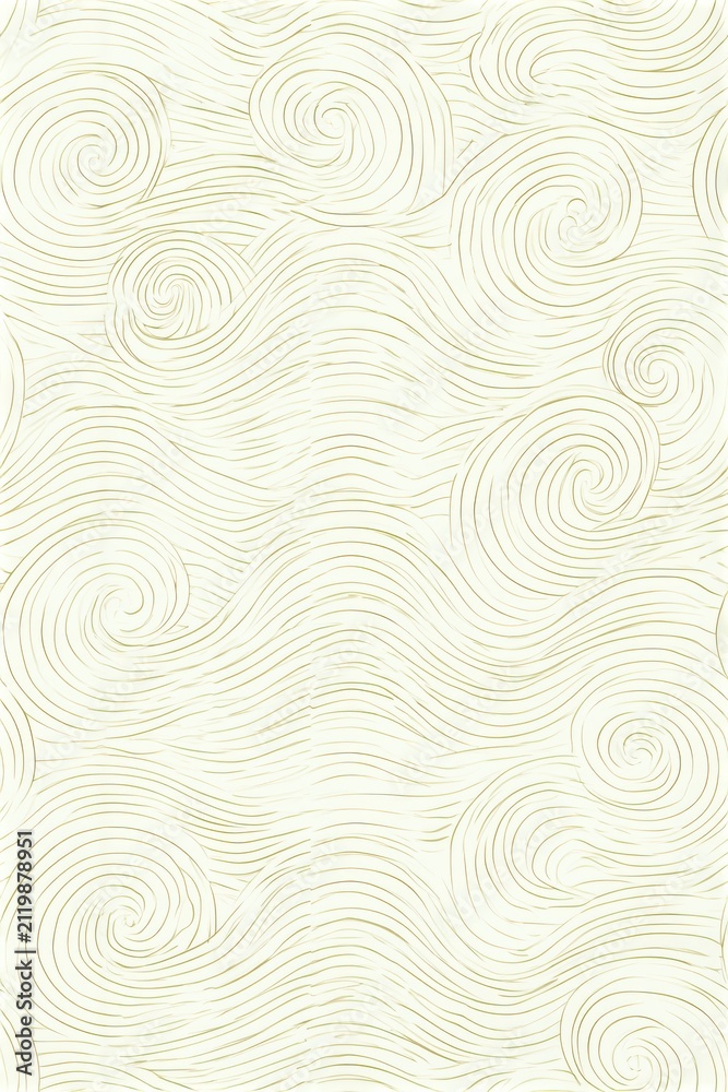Fototapeta premium Seamless pattern, stylized ocean waves line art, pale gold lines on a cream background, elegant and fluid, oriental style