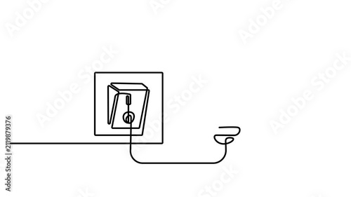 Animated self drawing of Light bulb connected to a wall switch drawn in a single continuous line style. Full length one line animation. 4K video