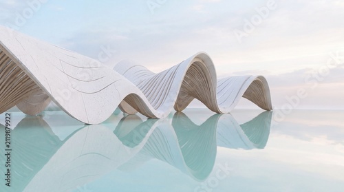 A modern architectural structure featuring an artistic, gentle, wave-like curve, perfectly reflected in the tranquil, pale blue water amidst the soft, serene glow of twilight