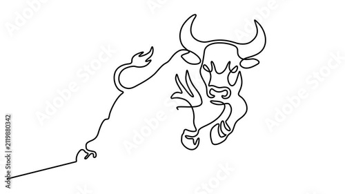 Animated self drawing of Continuous single line drawing of an angry bull jumping isolated on a white background. Full length one line animation. 4K video 