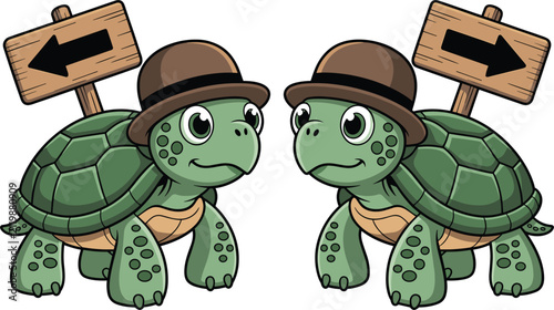Cuadro en lienzo Cute turtle cartoon character vector icon set wearing bowler hats with wooden le