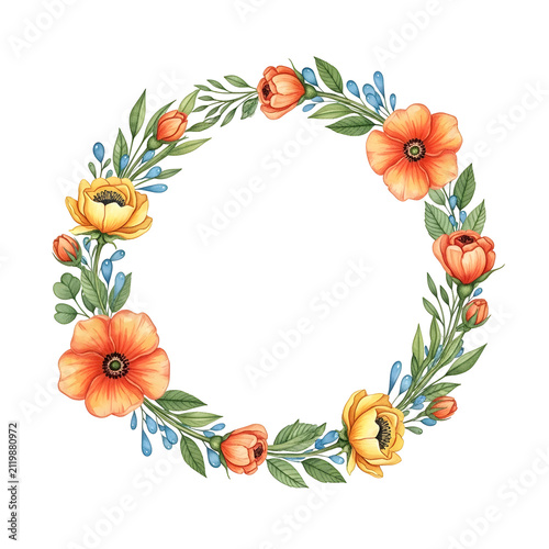 Floral wreath with orange and yellow poppies and blue berries on transparent background.