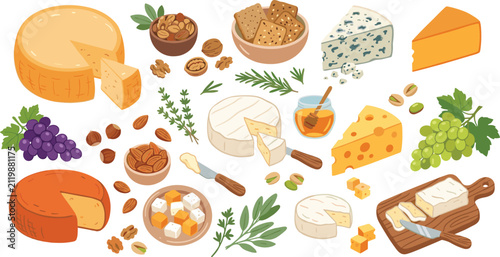 Fotografie Gourmet Cheese and Charcuterie Vector Element Set Featuring Brie Swiss Blue Chee